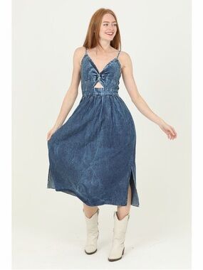 Angie Blue Denim Midi Dress with Front Tie
